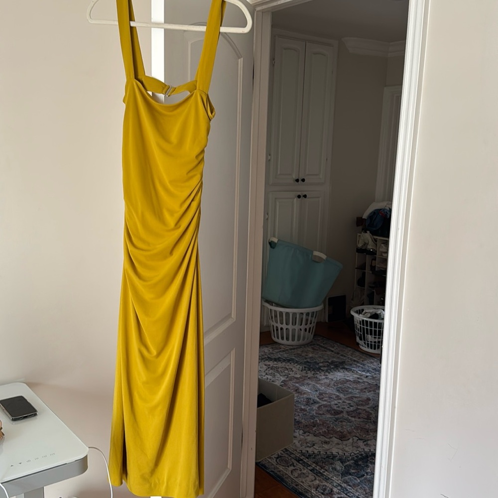 Zara yellow green maxi dress with side ruching and open back.